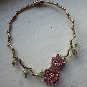 Natasha Couture Gold Necklace with Pink and Green Floral Design